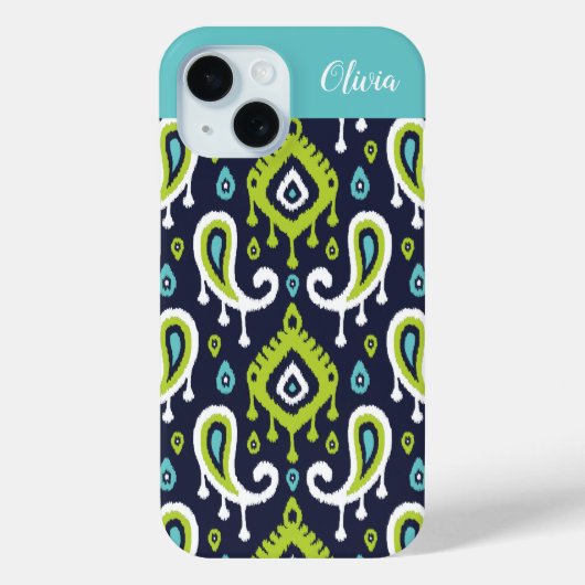 Navy and Green Ikat Paisley Monogram Case-Mate iPhone Case (Achterkant)