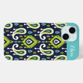 Navy and Green Ikat Paisley Monogram Case-Mate iPhone Case (Achterkant (horizontaal))
