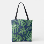 Navy and Green Monogrammed Monstera Leaves Draagtas (Achterkant)