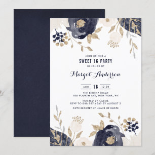 Navy and Ivory Flowers Gold Foil Sweet Sixteen Kaart