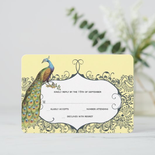 Navy and Mustard Peacock Love Bird Pattern Weddens RSVP Kaartje (Staand voorkant)