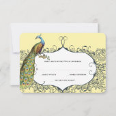 Navy and Mustard Peacock Love Bird Pattern Weddens RSVP Kaartje (Voorkant)
