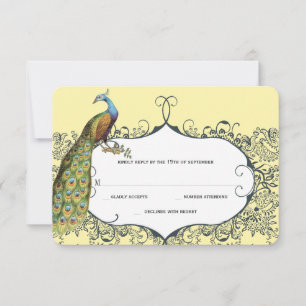 Navy and Mustard Peacock Love Bird Pattern Weddens RSVP Kaartje