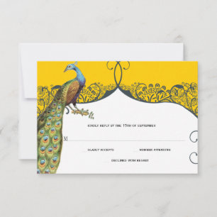 Navy and Mustard Peacock Love Bird Pattern Weddens RSVP Kaartje