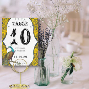 Navy and Mustard Peacock Love Bird Table Number Briefkaart
