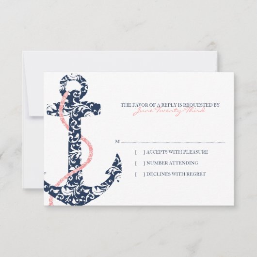 Navy and Pink Anchor Beach Wedding rsvp (Voorkant)