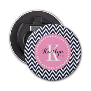 Navy and Pink Chevron Monogram Button Flesopener