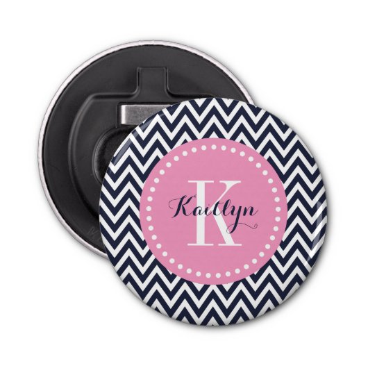 Navy and Pink Chevron Monogram Button Flesopener (Voorkant)