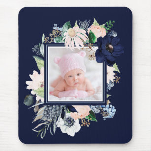 Navy and Pink Floral met foto   Donkerblauw Muismat