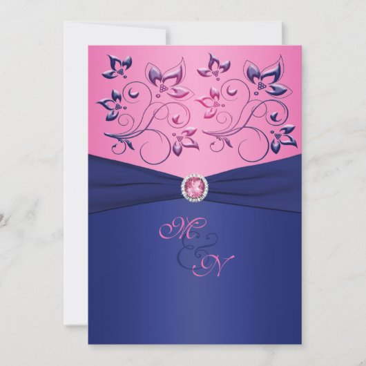 Navy and Pink Floral Monogrammed Invitation Kaart (Voorkant)