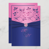 Navy and Pink Floral Monogrammed Invitation Kaart (Voorkant / Achterkant)
