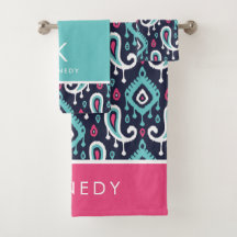 Navy and Pink Ikat Paisley Monogram