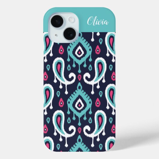 Navy and Pink Ikat Paisley Monogram Case-Mate iPhone Case (Achterkant)