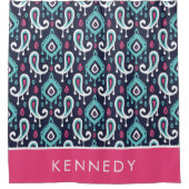 Navy and Pink Ikat Paisley Monogram Douchegordijn (Voorkant)