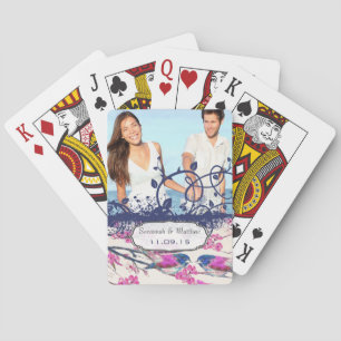 Navy and Pink Love Bird Wedding Card Pokerkaarten