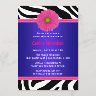 Navy and Pink, Zebra Bridal Shower Invitation Kaart
