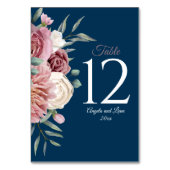 Navy and Roze met Waterverf Flowers Table Number Kaart (Achterkant)
