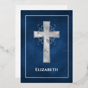 Navy and Silver Baptism of Christening Filigree F Folie Uitnodiging