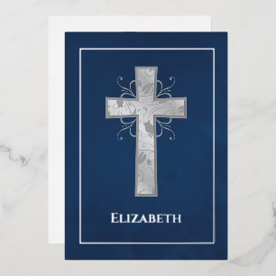 Navy and Silver Baptism of Christening Filigree Folie Uitnodiging