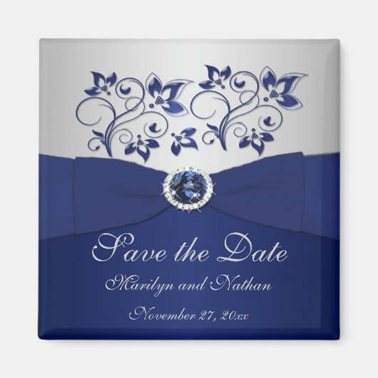 Navy and Silver Floral Wedding Favor Magnet Magneet (Voorkant)