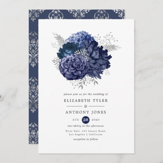 Navy and Silver Floral Wedding Kaart (Voorkant / Achterkant)