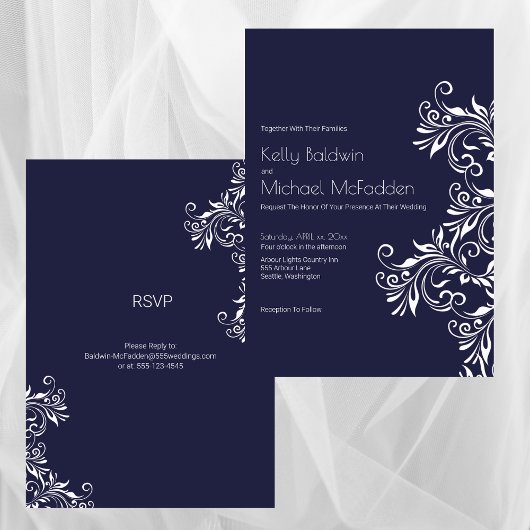 Navy and White Elegant Style Wedding Kaart