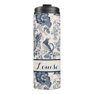 Navy and White Floral Toile Patterned Thermosbeker