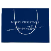 Navy and White Merry Christmas Ribbon Swash Naam Groot Cadeauzakje (Voorkant)