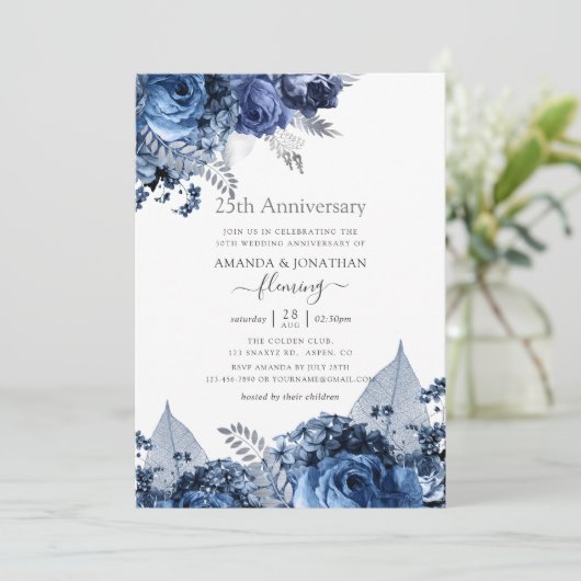 Navy and White met Silver Foil 25th Jubileum Kaart (Staand voorkant)