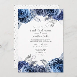 Navy and White met Silver Foil Floral Wedding Kaart