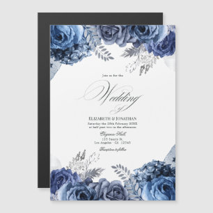 Navy and White met Silver Foil Floral Wedding Magnetische Uitnodiging