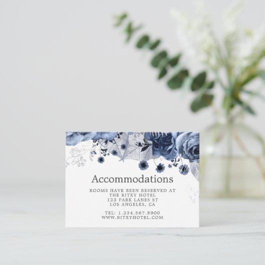 Navy and White met Silver Wedding Accommodations Informatiekaartje (Staand voorkant)