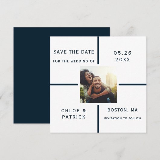 Navy and White Modern Wedding Photo Save the Date (Voorkant / Achterkant)