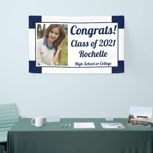 Navy and White One Photo Class Afstuderen Spandoek (Beurs)