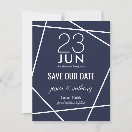 Navy and White Simple Geometric Save the Date (Voorkant)