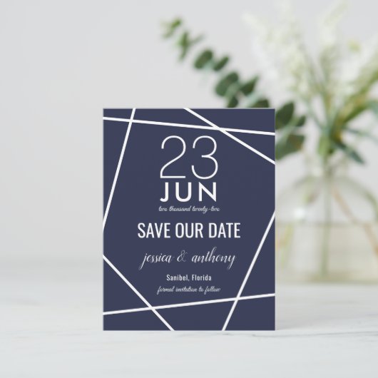 Navy and White Simple Geometric Save the Date (Staand voorkant)