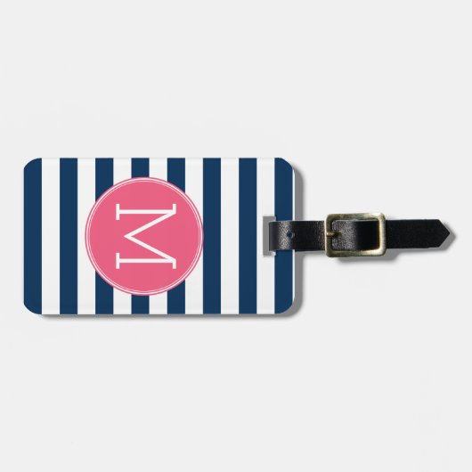 Navy and White Striped Pattern Hot Pink Monogram Bagagelabel (Voorkant horizontaal)