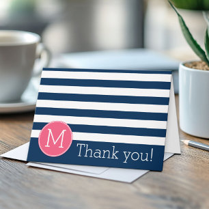 Navy and White Striped Pattern Hot Pink Monogram Bedankkaart