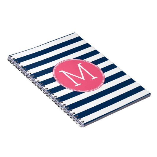 Navy and White Striped Pattern Hot Pink Monogram Notitieboek (Rechterzijde)
