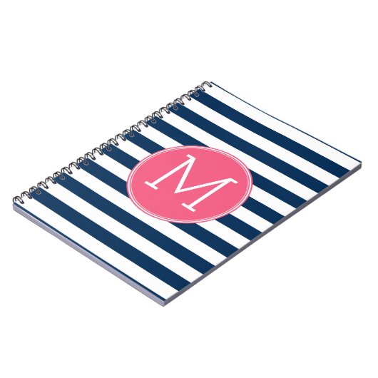 Navy and White Striped Pattern Hot Pink Monogram Notitieboek (Linkerzijde)