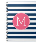 Navy and White Striped Pattern Hot Pink Monogram Notitieboek (Voorkant)