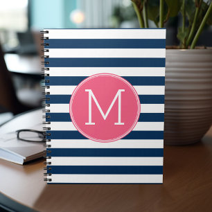 Navy and White Striped Pattern Hot Pink Monogram Notitieboek