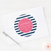 Navy and White Striped Pattern Hot Pink Monogram Ronde Sticker (Envelop)