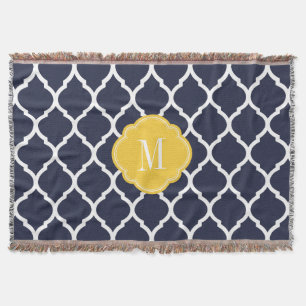 Navy and Yellow Moroccan Quatrefoil Monogram Deken