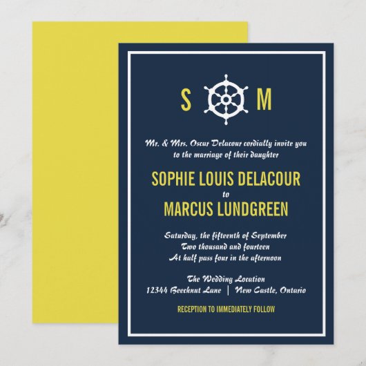 Navy and Yellow Nautical Monogram Weddenschap Kaart (Voorkant / Achterkant)