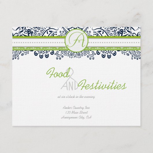Navy Apple Groen Grijs Tortelduifjes Receptie Kaar Informatiekaartje (Achterkant)