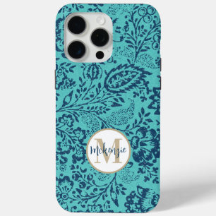 Navy Aqua Yellow Damask Personaliseer iPhone 15 Pro Max Hoesje