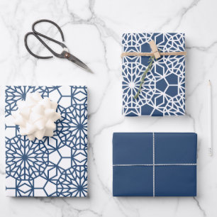 Navy Arabesque Geometric Pattern Inpakpapier Vel