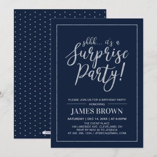 Navy & Argent | Invitation Anniversaire Moderne Su (Devant / Derrière)