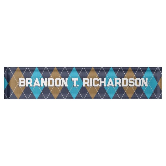Navy Argyle Golfer Pattern & Blue/Camel Custom Naambordje (Voorkant)